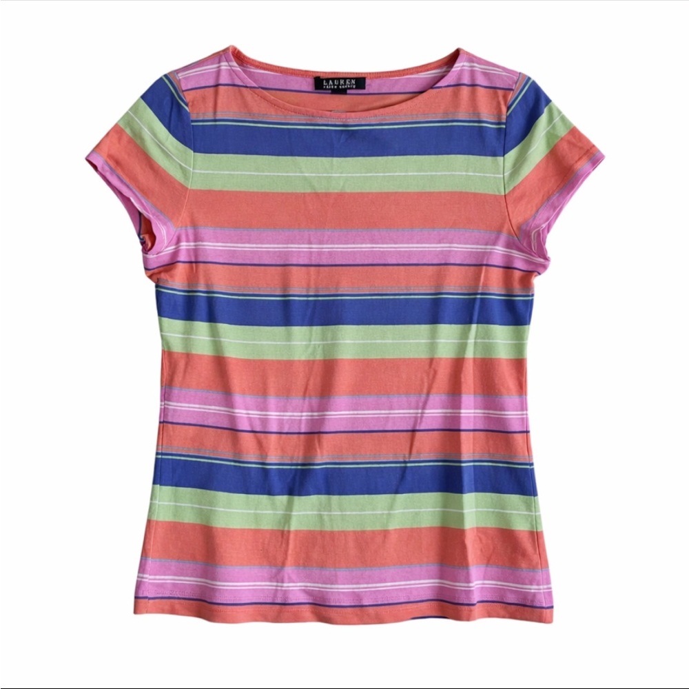 Y2K Lauren Ralph Lauren Striped Tee Woman Large Multicolor Short Sleeve Preppy